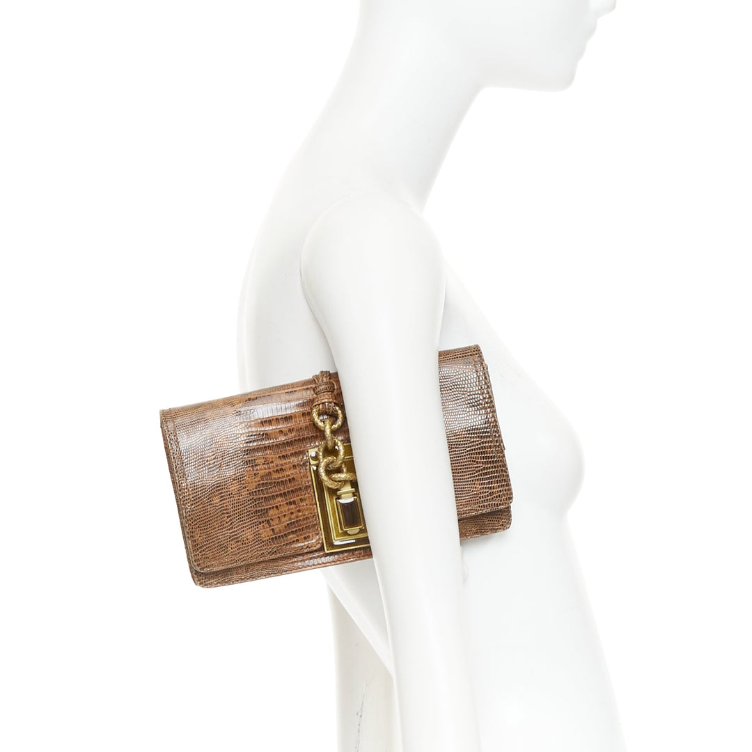 BOTTEGA VENETA brown lizard gold intrecciato resin chain evening clutch bag