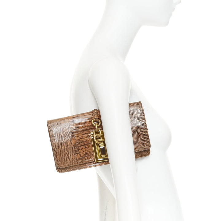 BOTTEGA VENETA brown lizard gold intrecciato resin chain evening clutch bag