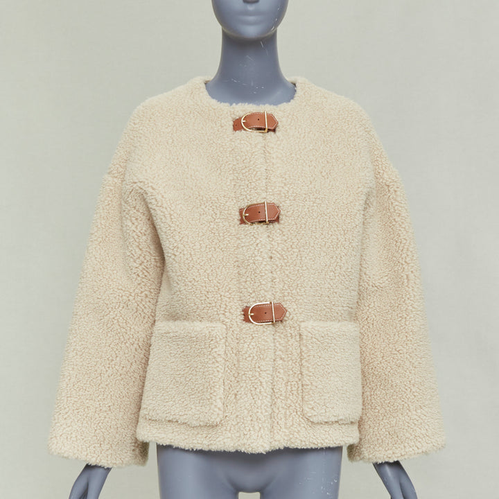 CELINE Teddy ecru cashmere silk brown calfskin leather trim buckled coat FR34 XS