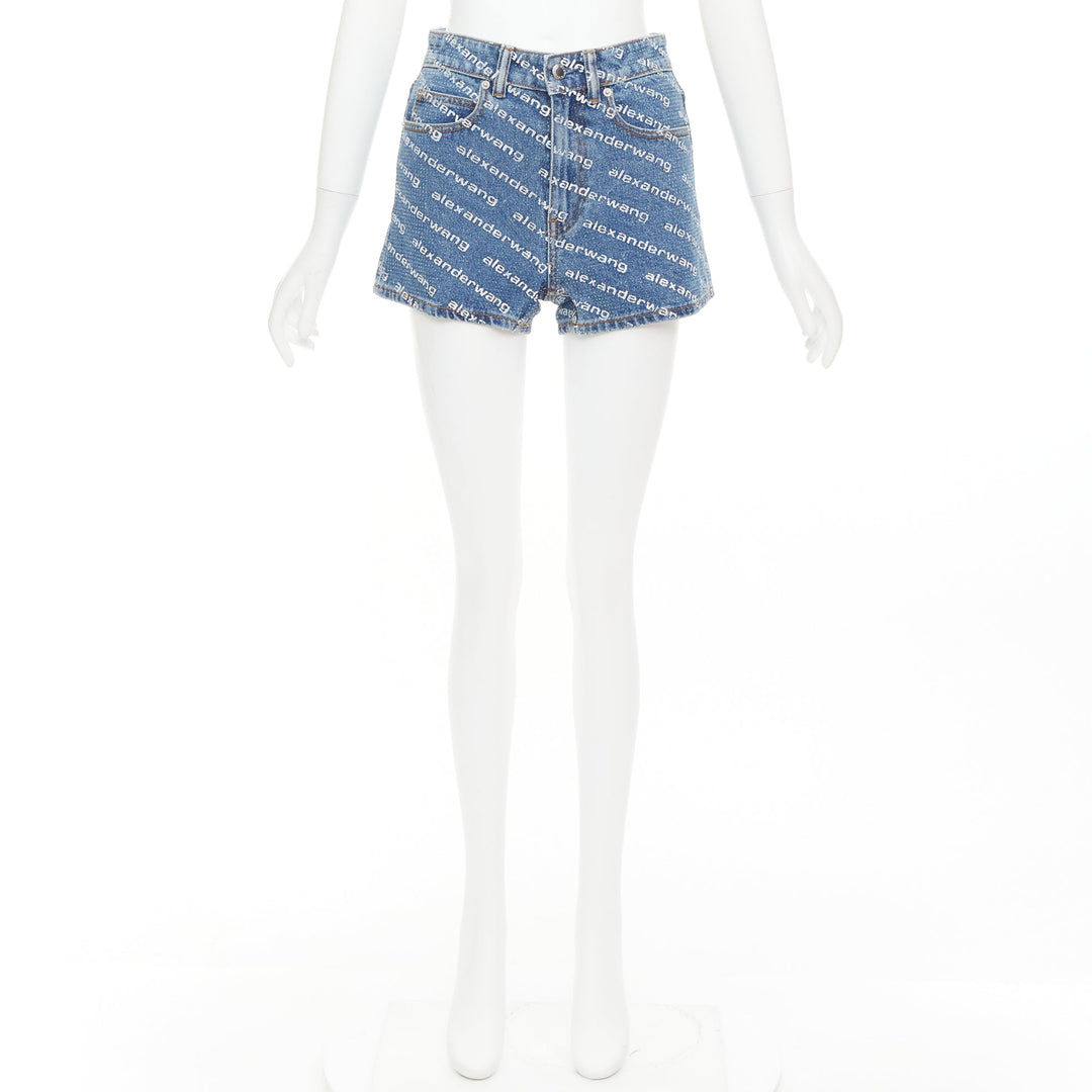 ALEXANDER WANG Bite blue denim crystal rhinestone hotfix logo mini shorts 25"