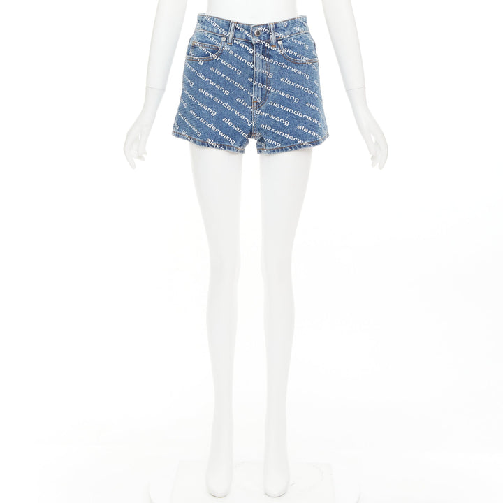 ALEXANDER WANG Bite blue denim crystal rhinestone hotfix logo mini shorts 25"