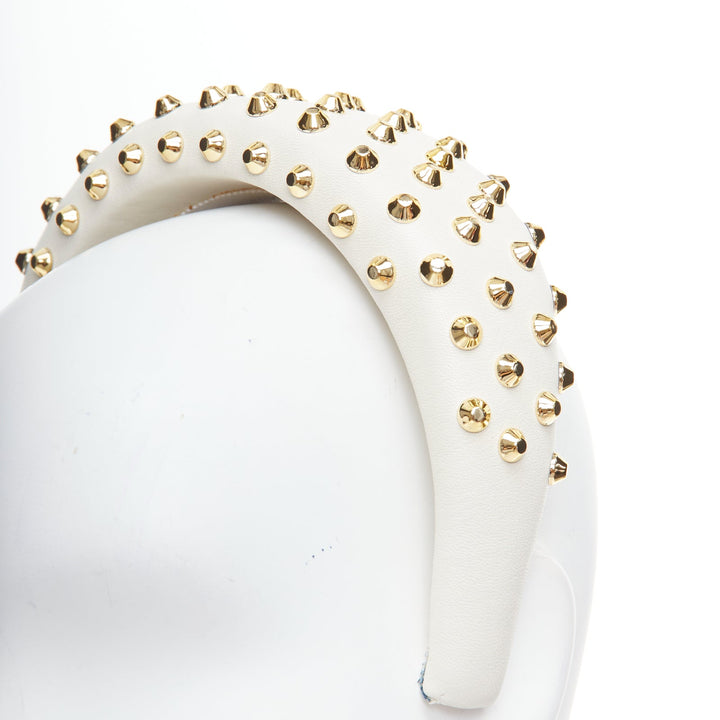 PRADA white leather gold studded padded Alice headband