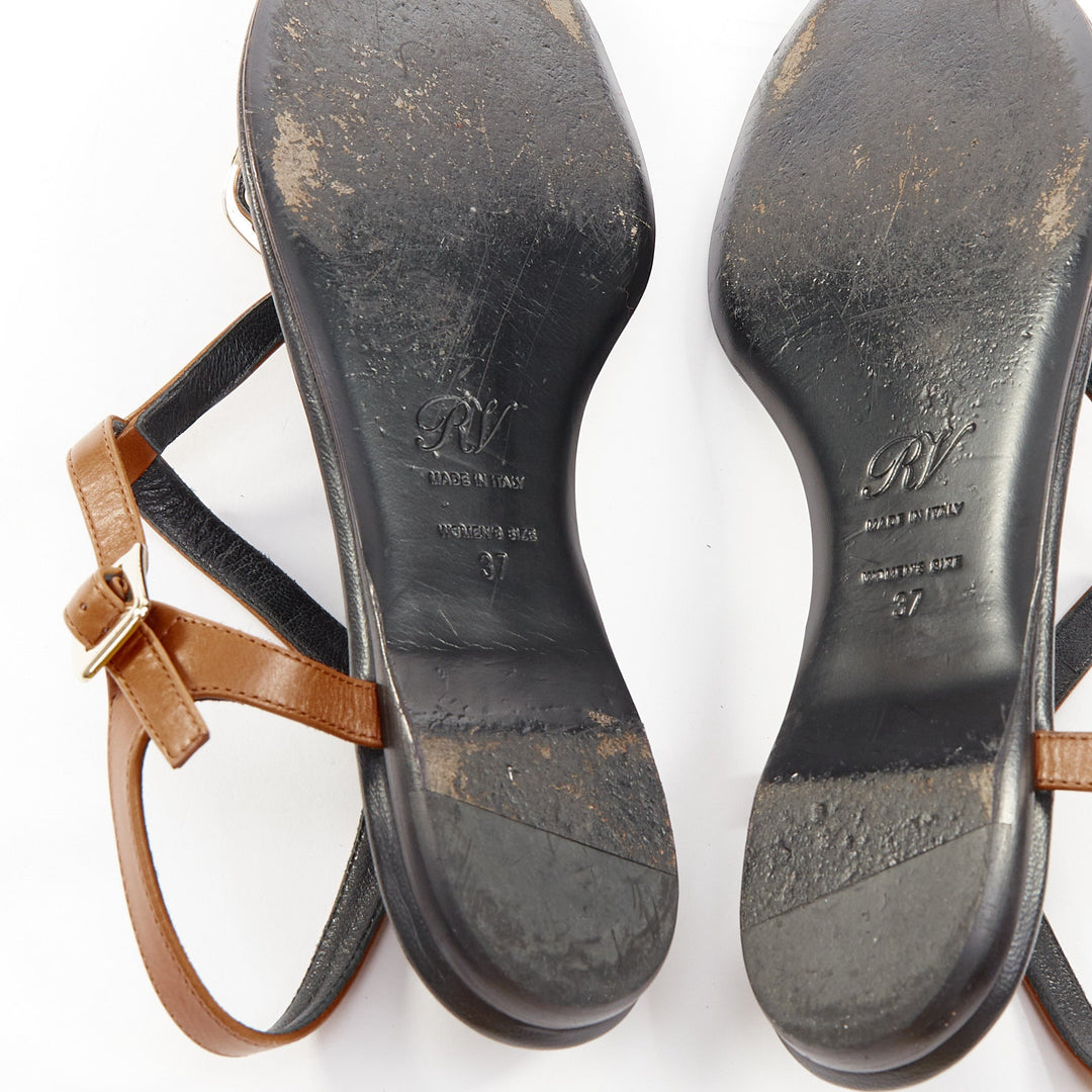ROGER VIVIER Chips brown leather gold buckle tstrap comfort thong sandals EU37