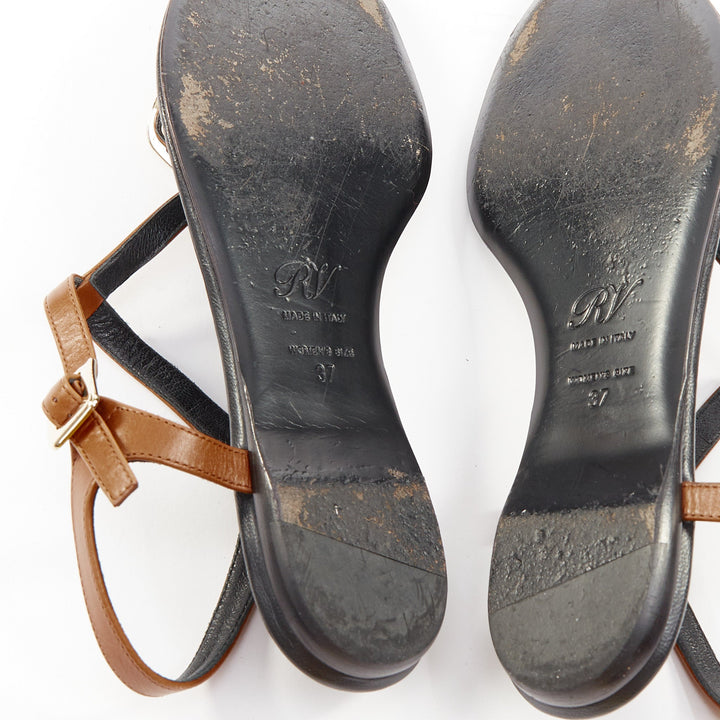 ROGER VIVIER Chips brown leather gold buckle tstrap comfort thong sandals EU37