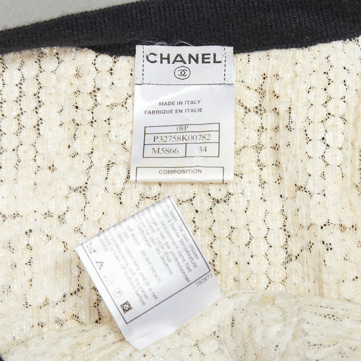 CHANEL 08P white printed sequins beige cashmere black trim cardigan FR34 XS