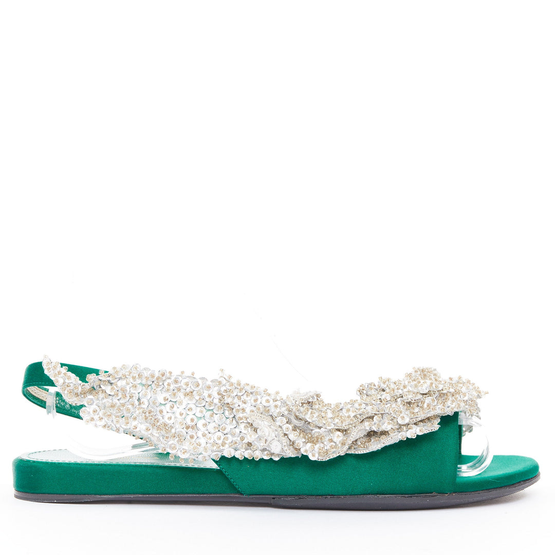 BALENCIAGA 2017 Tess emerald green satin silver sequin open toe flat sandal EU37