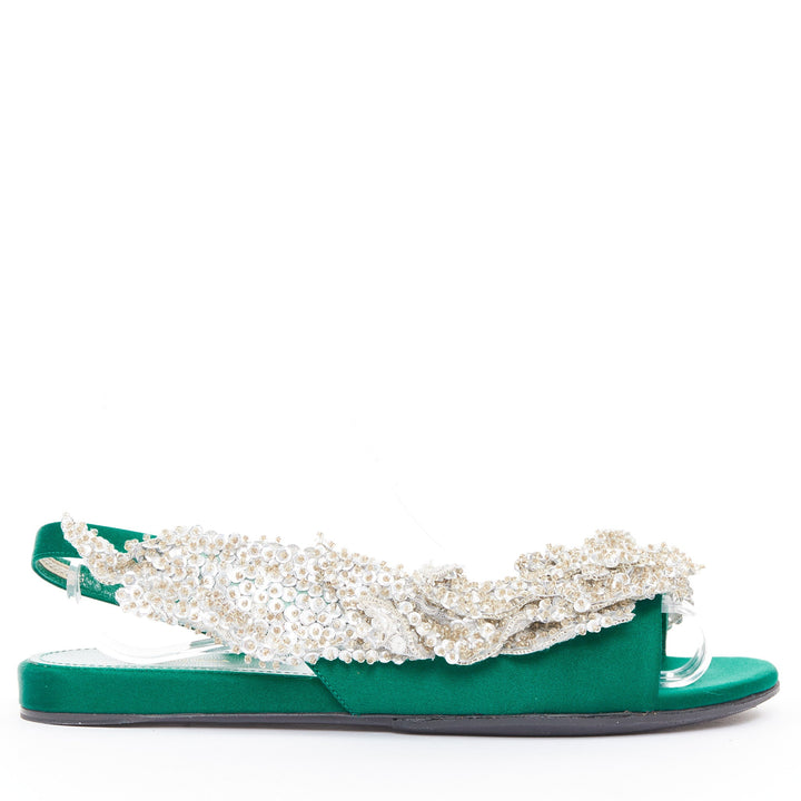 BALENCIAGA 2017 Tess emerald green satin silver sequin open toe flat sandal EU37