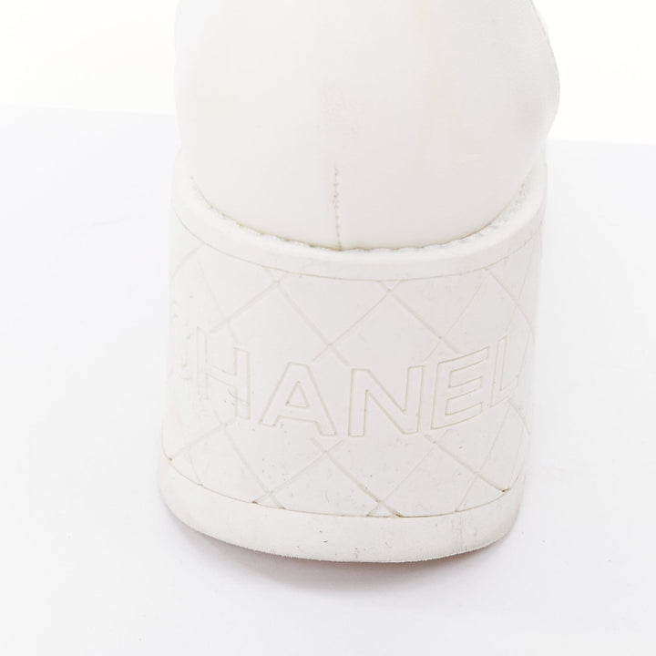 CHANEL 2024 white leather CC logo grid platform lace up wedge boots EU39