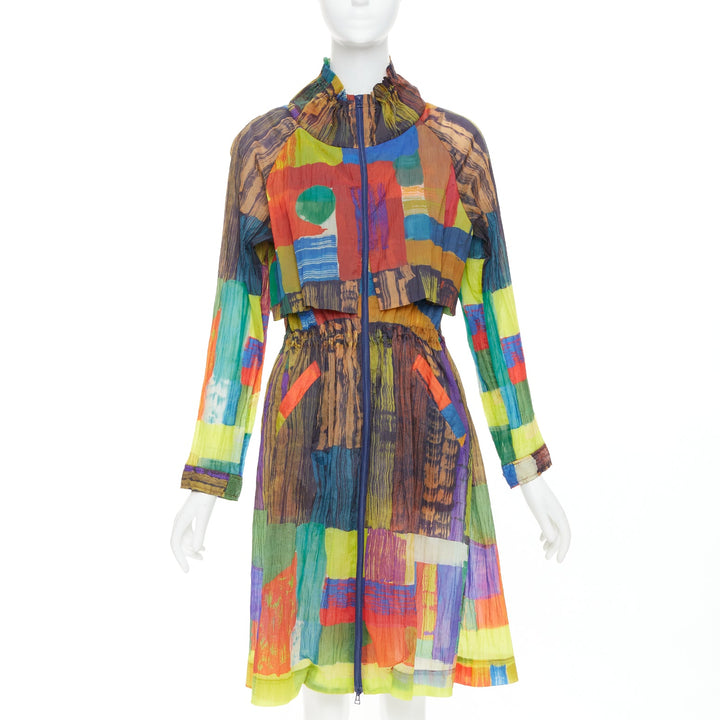 ISSEY MIYAKE multicolor rainbow geometric printed pleated coat dress JP2 M
