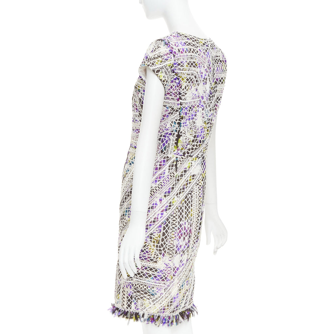 OSCAR DE LA RENTA Runway purple white silk embroidery anglais fringe dress US6 M