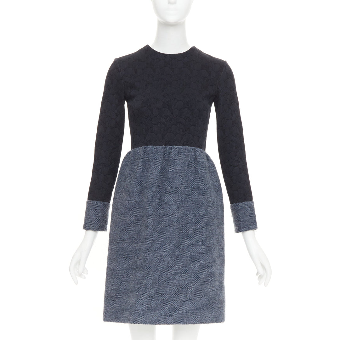 THE ROW black grey wool blend floral jacquard boucle zip trim midi dress US2 S