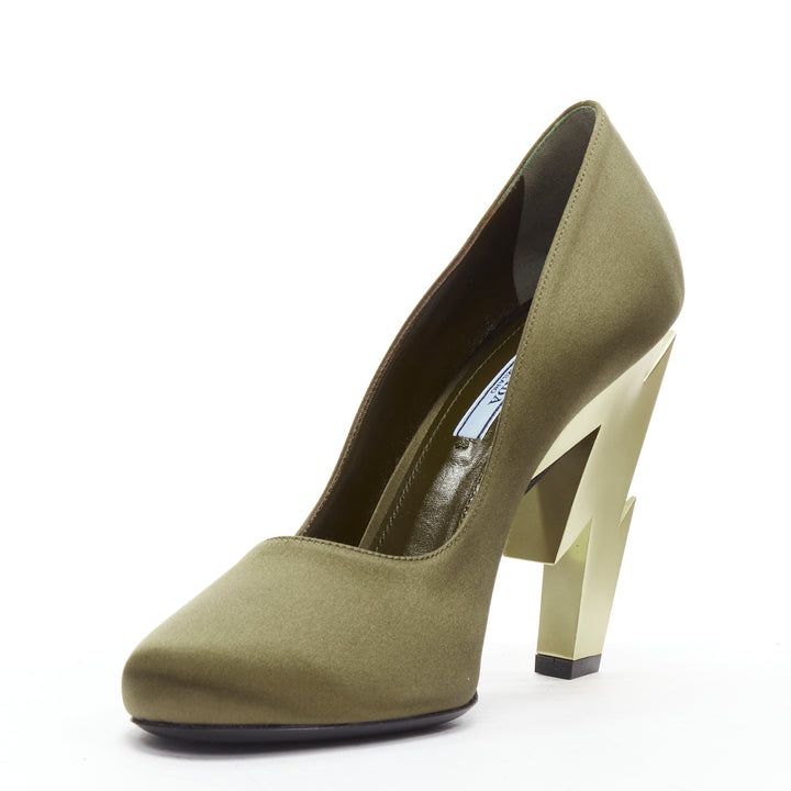 PRADA Lightning Bolt green silk satin gold metal heel pump EU38.5