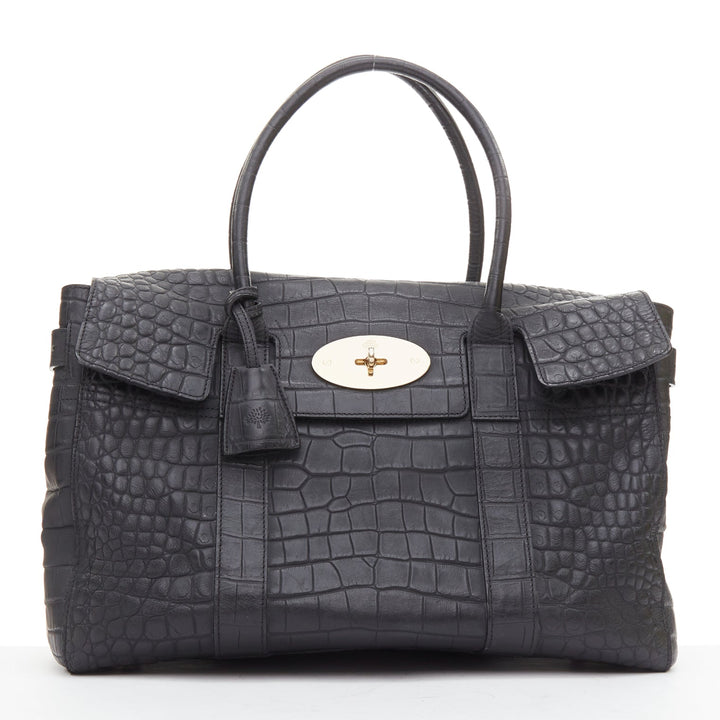 MULBERRY Bayswater black embossed croc leather print satchel tote bag