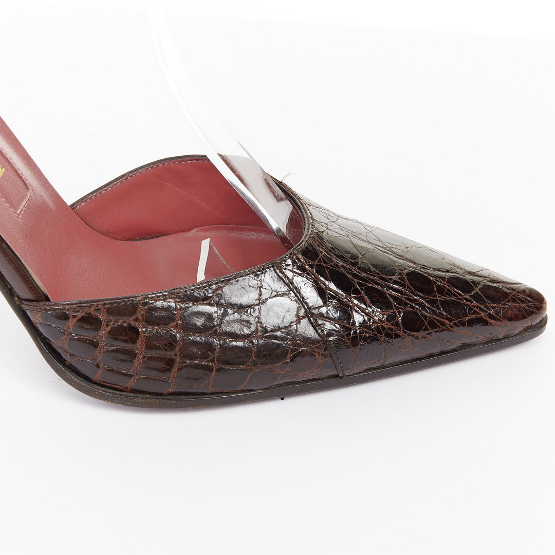 SERGIO ROSSI brown croc embossed leather high heel ankle strap pumps EU37 US7
