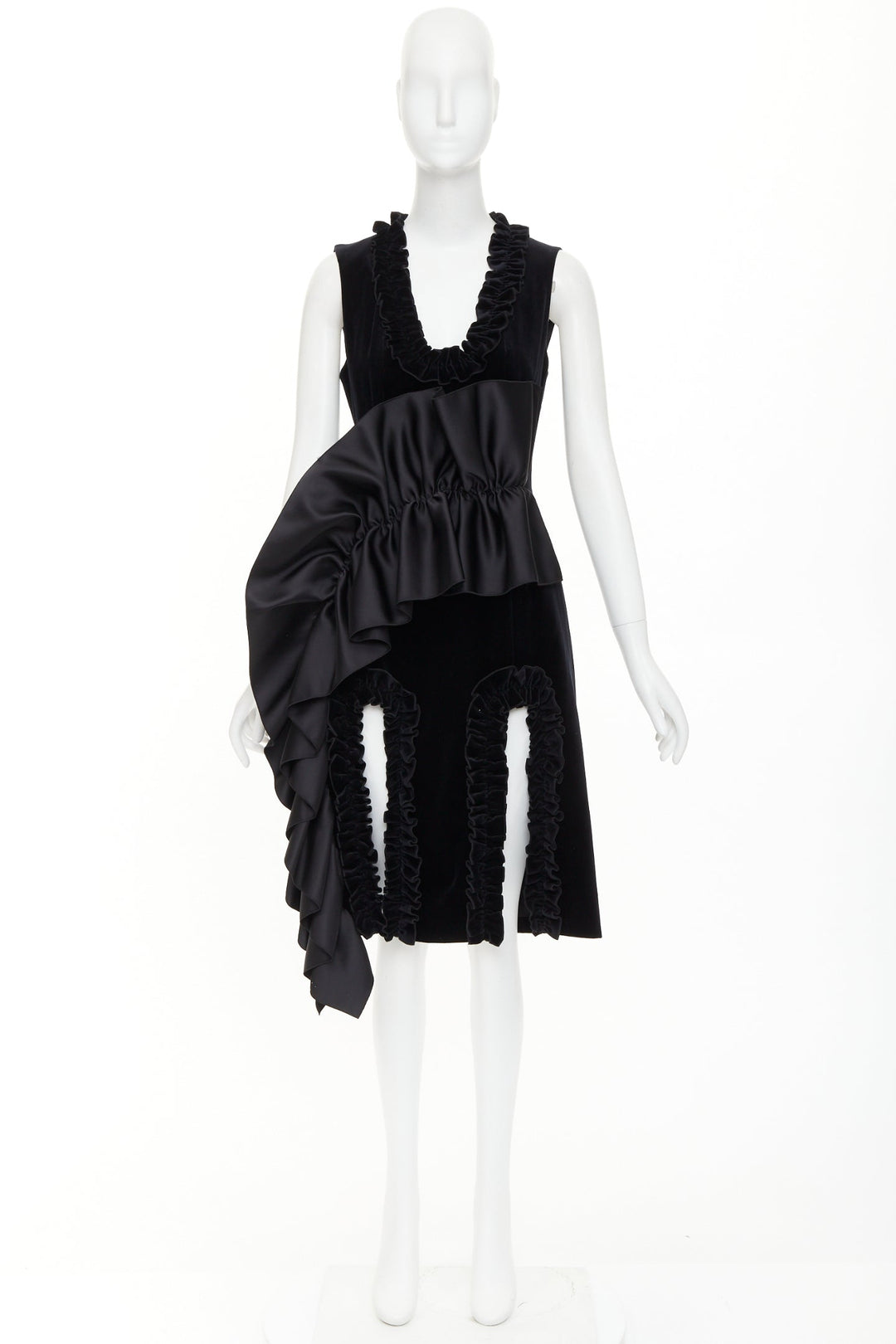 CHRISTOPHER KANE Runway black velvet satin paneled ruffled midi dress UK10 M