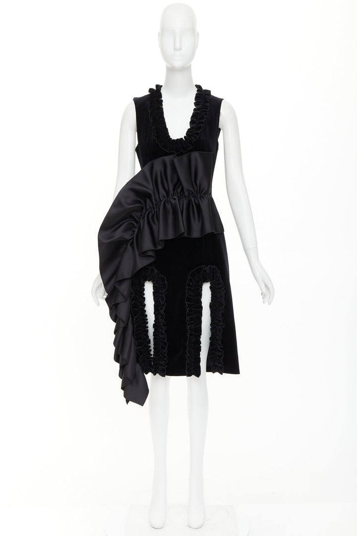 CHRISTOPHER KANE Runway black velvet satin paneled ruffled midi dress UK10 M