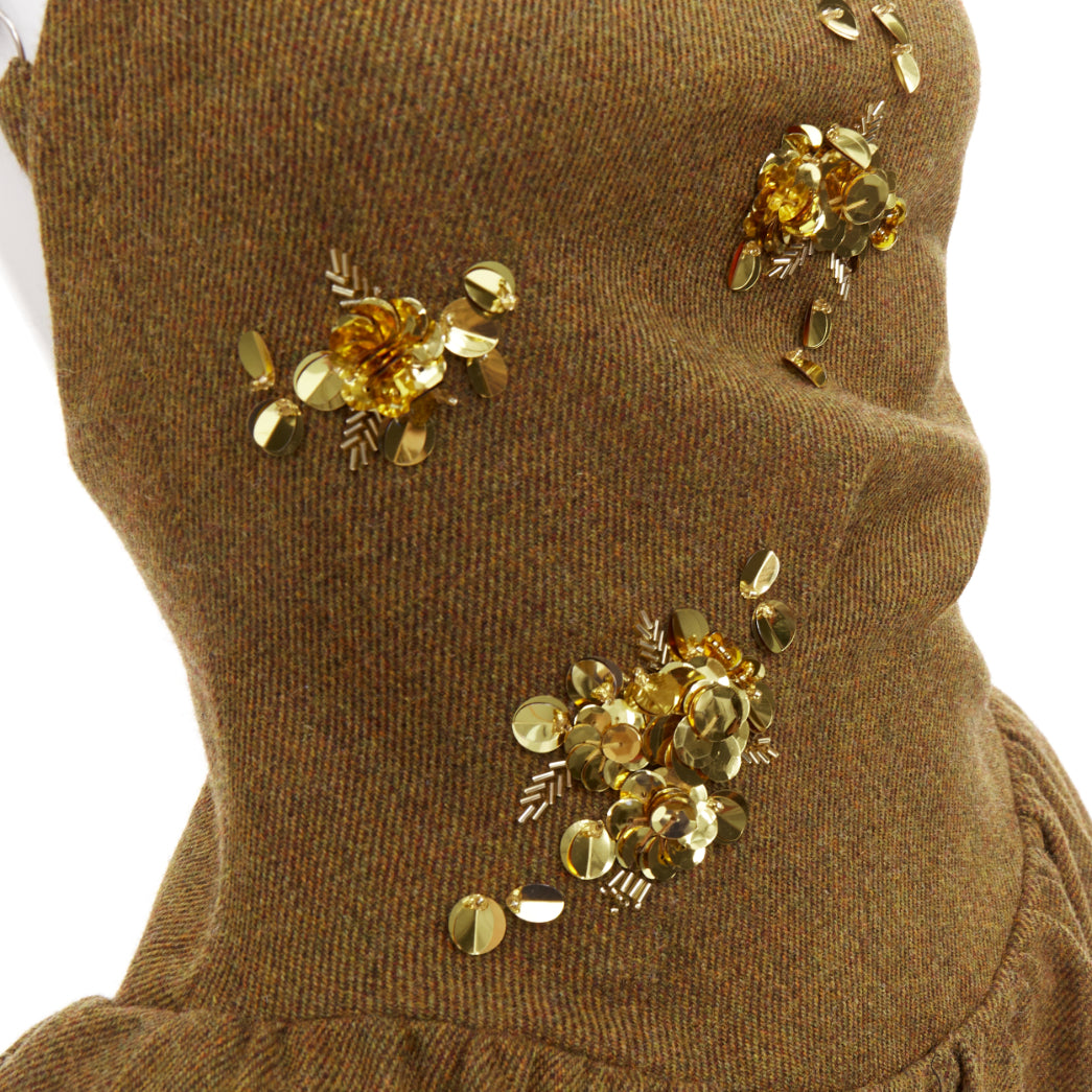 rare SHUSHU TONG Backless brown wool gold sequin fit flare dress UK6 XS