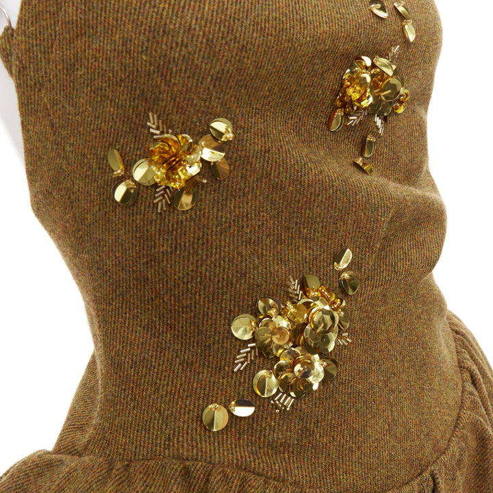 rare SHUSHU TONG Backless brown wool gold sequin fit flare dress UK6 XS