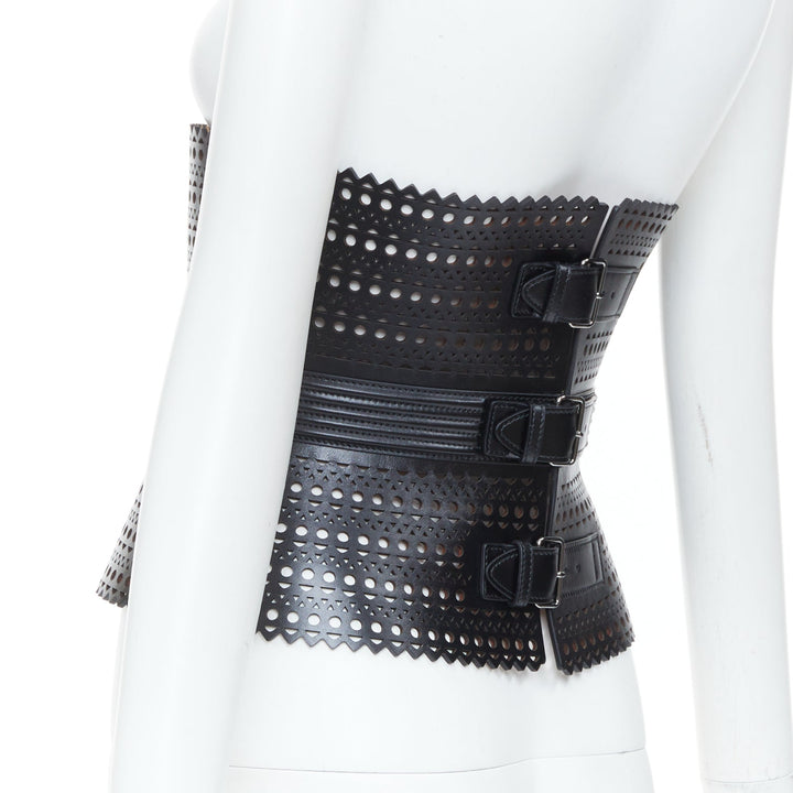ALAIA Black Vienne openwork laser cut triple buckle leather corset belt 65cm