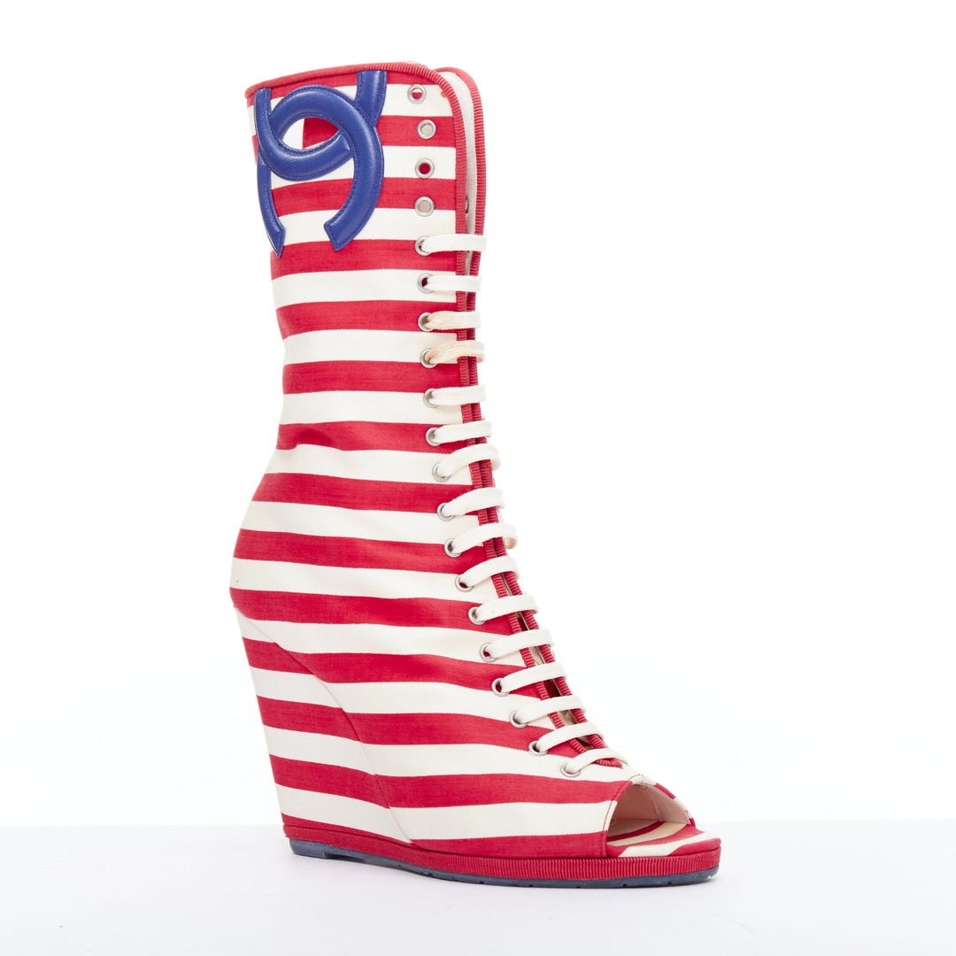 CHANEL 2010 Runway red cream stripe canvas blue leather CC boots EU38 Katy Perry