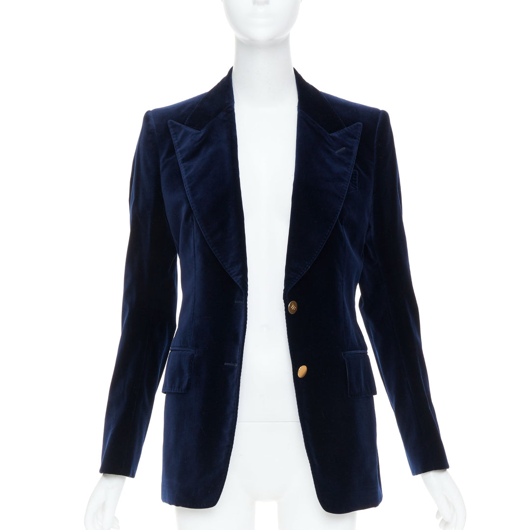 TOM FORD navy blue cotton velvet gold button wide peak lapel blazer IT38 XS