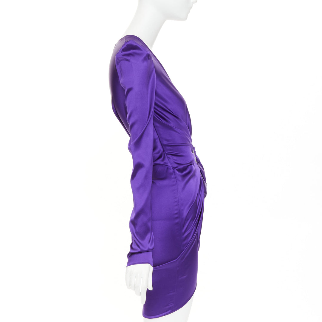 ALEXANDRE VAUTHIER crystal buckle draped purple silk satin mini dress FR34 XS