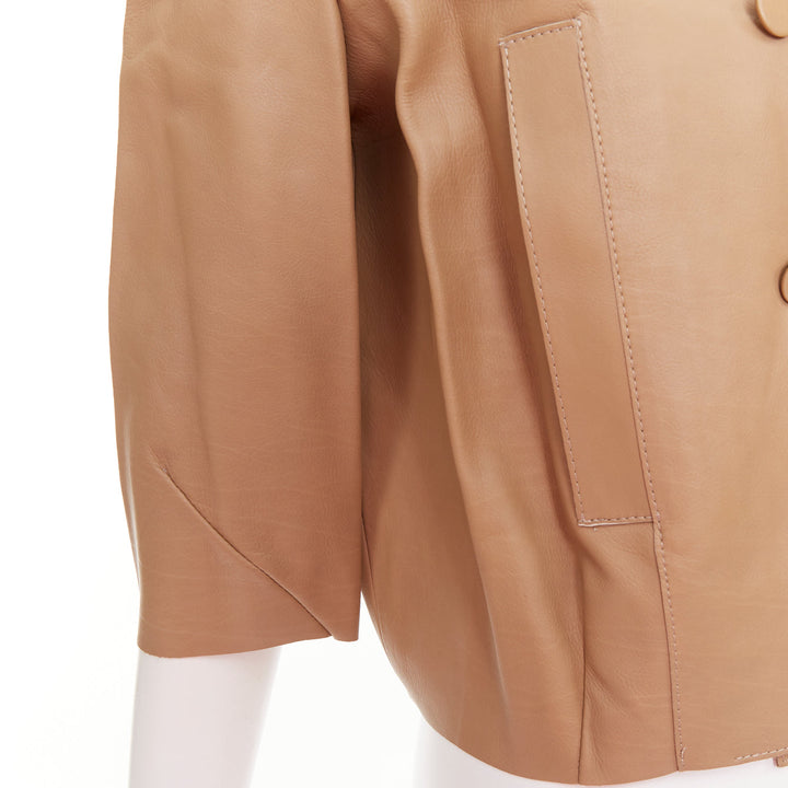 MARNI brown leather green black dup collar cropped double breast jacket IT36 XXS