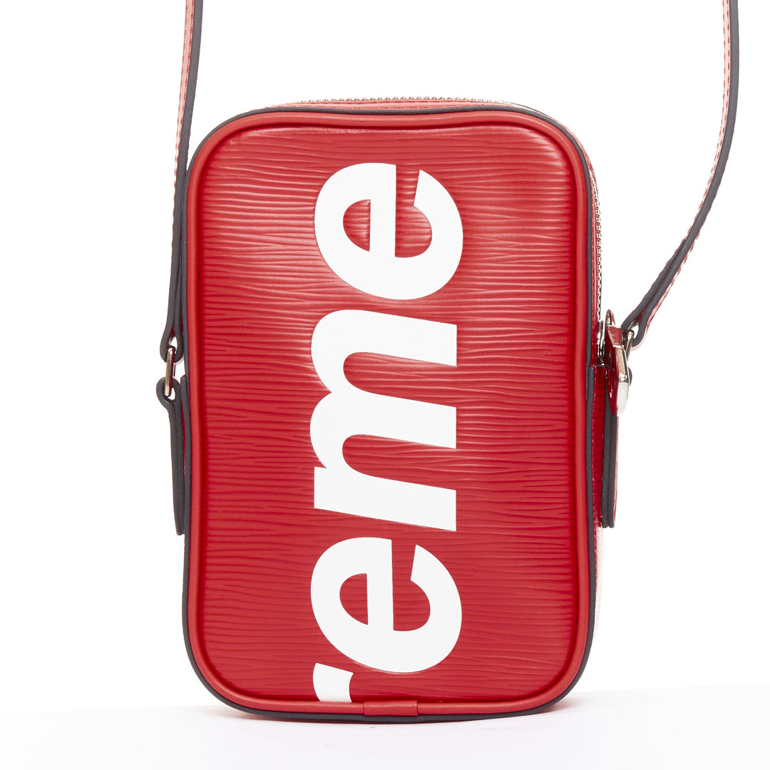 LOUIS VUITTON SUPREME 2017 Epi Danube PM red white logo leather crossbody bag