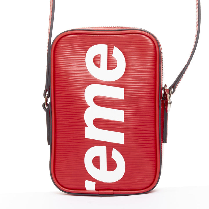 LOUIS VUITTON SUPREME 2017 Epi Danube PM red white logo leather crossbody bag
