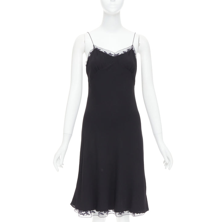 THE ROW Santi 100% silk crepe black fluid lace trim knee length slip dress US2 S