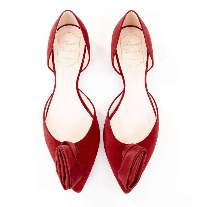 ROGER VIVIER red suede satin rosette d'orsay pointed comfort ballet flats EU37