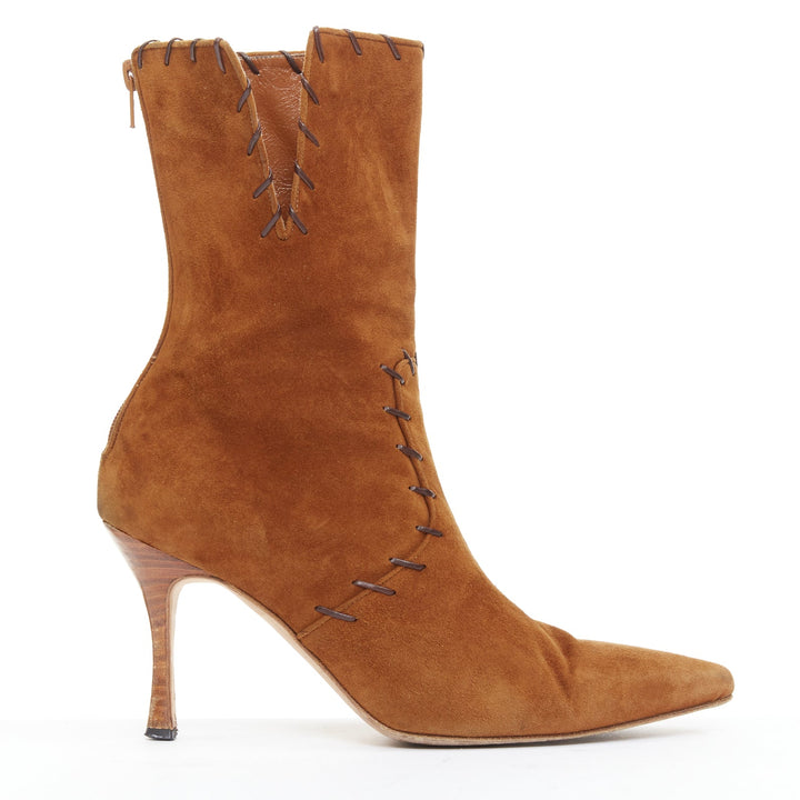MANOLO BLAHNIK Vintage brown suede overstitch detail heeled ankle boots EU39.5