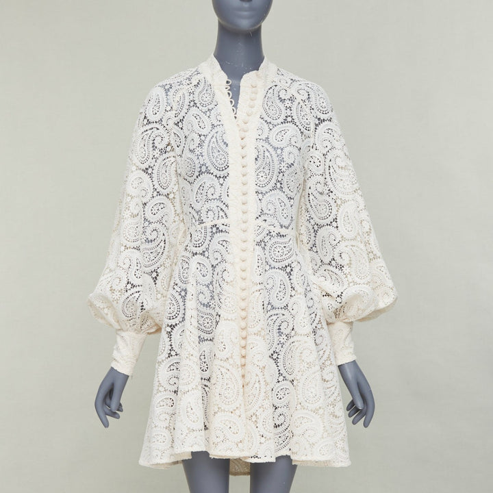 ZIMMERMANN Amari cream paisley floral lace cotton lined peasant dress Sz1 S