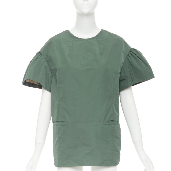 DRIES VAN NOTEN 2017 Runway green taffeta darted neck flutter sleeve top FR36 S