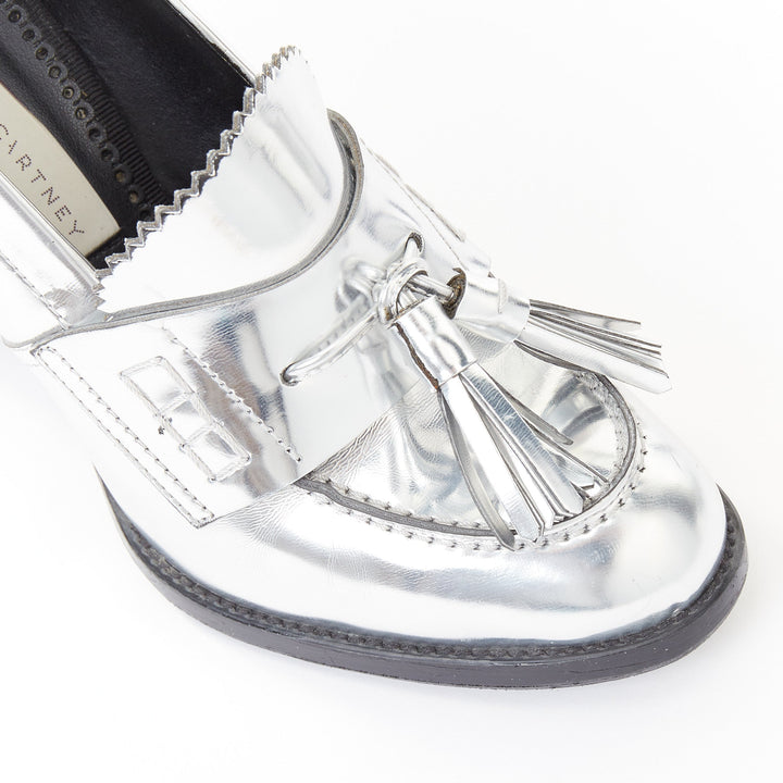 STELLA MCCARTNEY 2014 silver metallic kiltie tassel loafer block heel pumps EU37