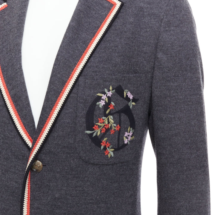 GUCCI 2018 grey wool cotton web trim floral G emblem varsity blazer IT52 XL