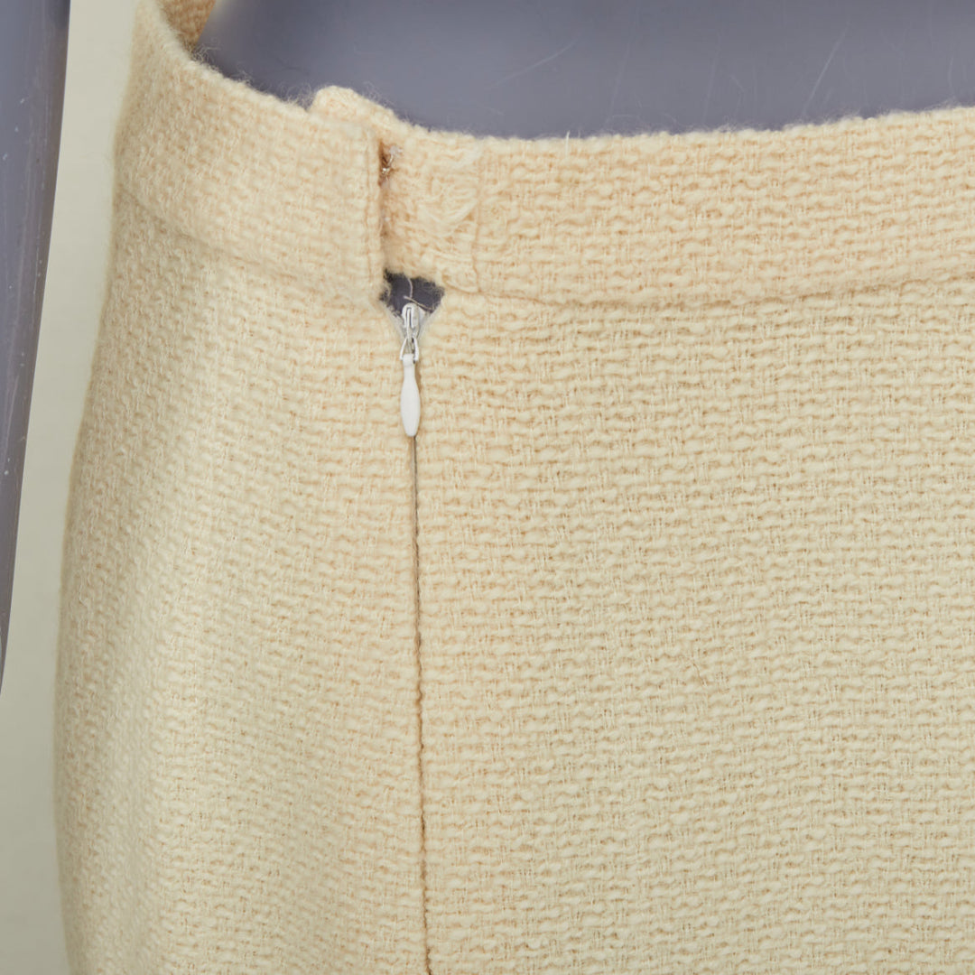 CHANEL Vintage cream wool tweed scalloped hem silk lined pencil skirt FR42 XL