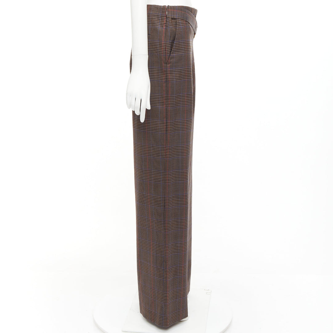 MONSE brown virgin wool checkered long gold belt wide leg pants US2 S