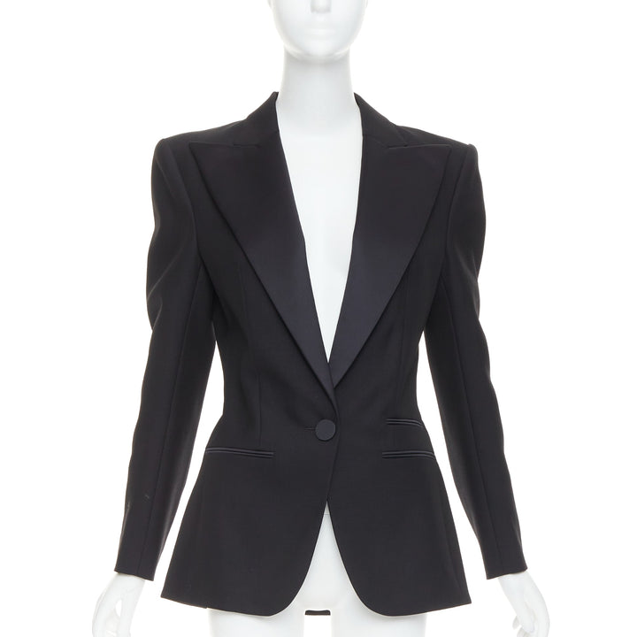 ALEXANDRE VAUTHIER black wool satin peak lapel single breasted tuxedo blazer
