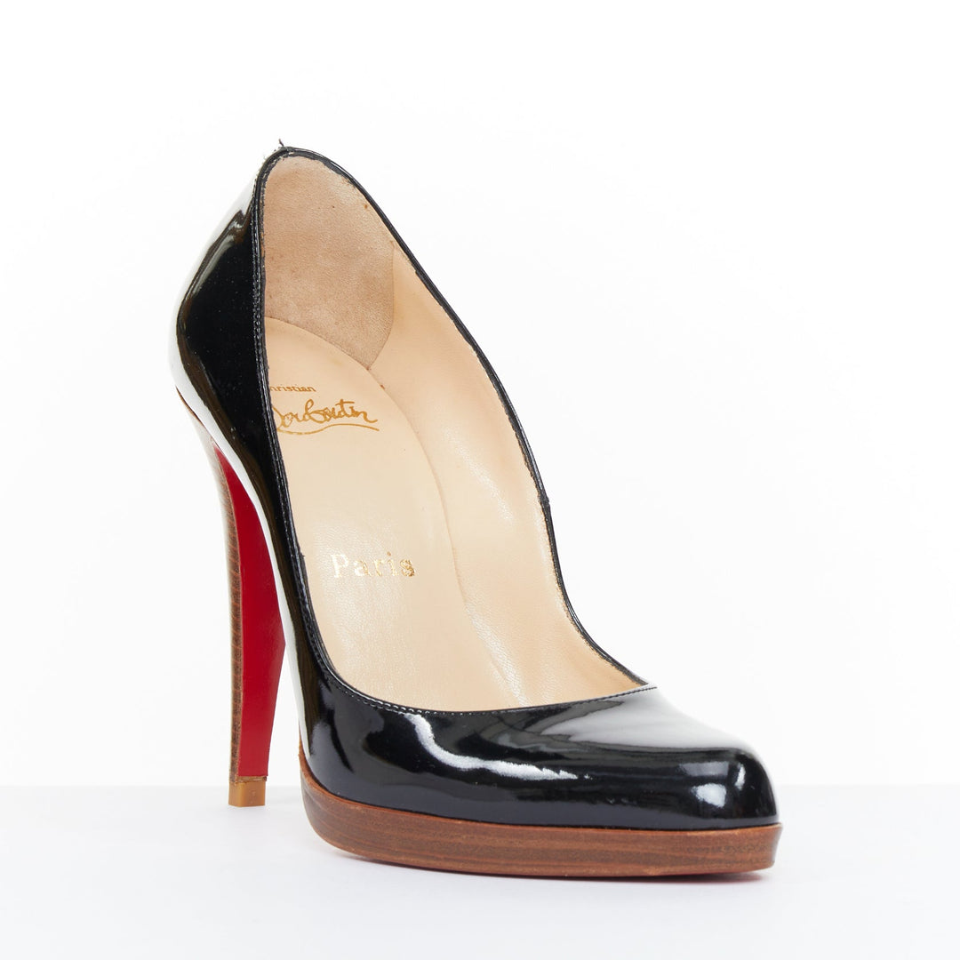 CHRISTIAN LOUBOUTIN Miss Boxe black patent leather wood platform pumps EU38
