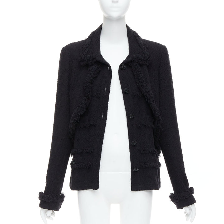 CHANEL 08A Runway black tweed braided fringe tromp loeil 4 pocket jacket FR46