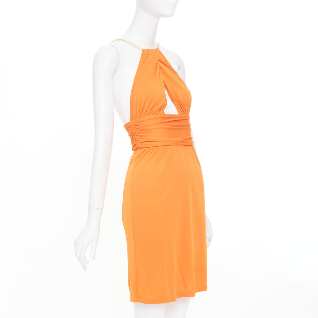 CELINE Vintage orange gold leather trim halter viscose apparel dress FR36 S