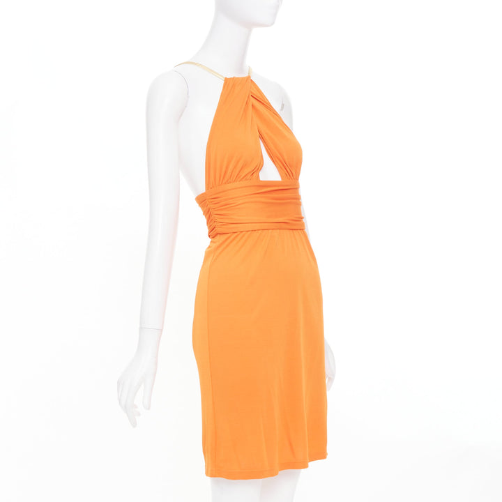 CELINE Vintage orange gold leather trim halter viscose apparel dress FR36 S
