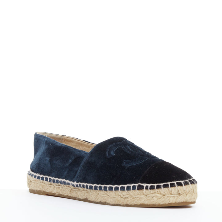 CHANEL navy velvet CC logo applique nude jute espadrille shoes EU37