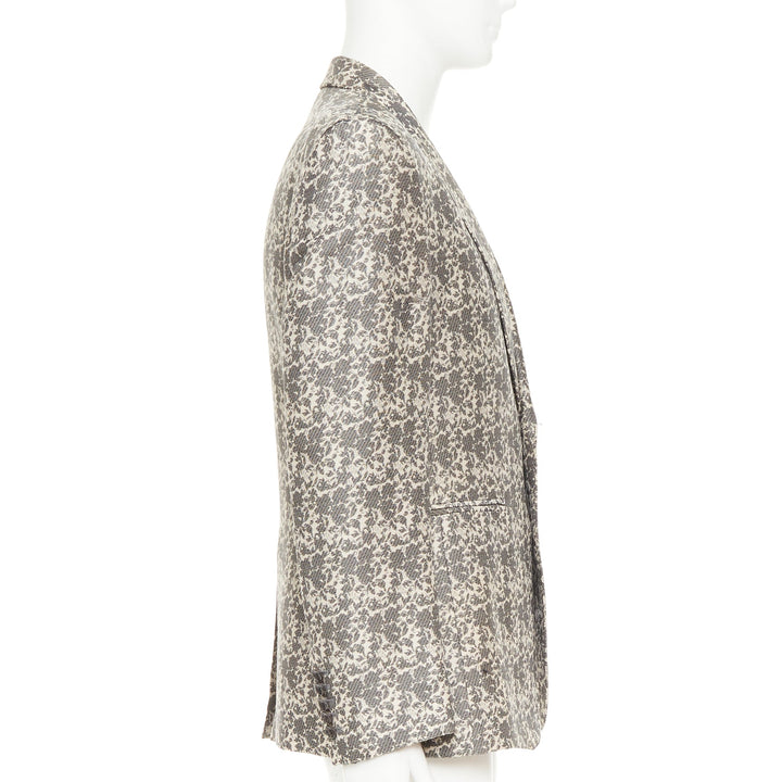 JOHN GALLIANO beige cotton blend grey floral jacquard tapestry blazer EU50 L