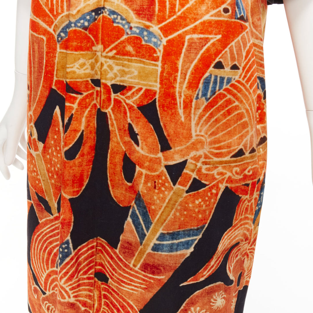 DRIES VAN NOTEN orange black cotton abstract ethnic print shift dress FR40 L