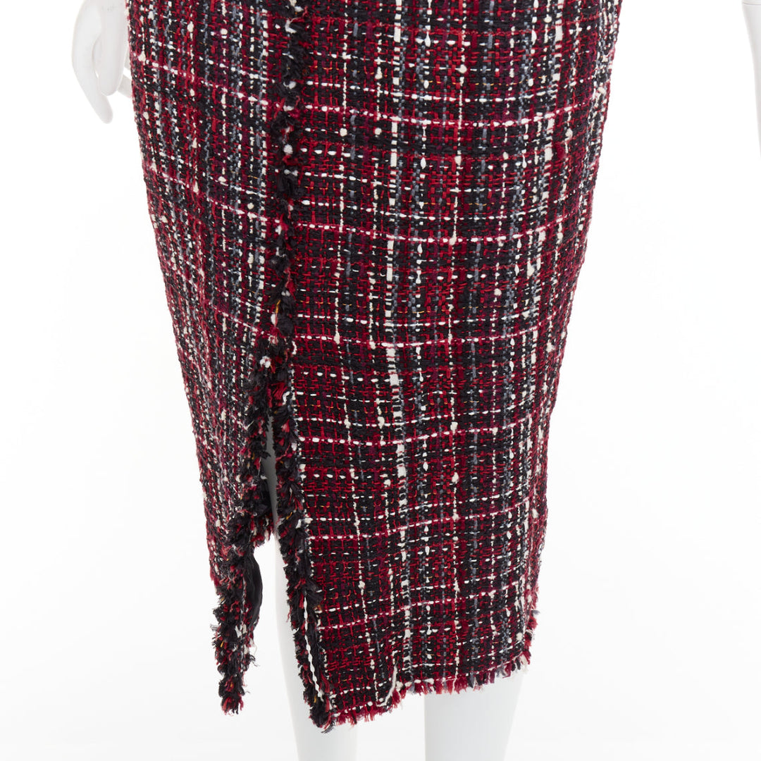 ALEXANDER MCQUEEN 2018 red black tartan tweed front slit shift dress IT38 XS