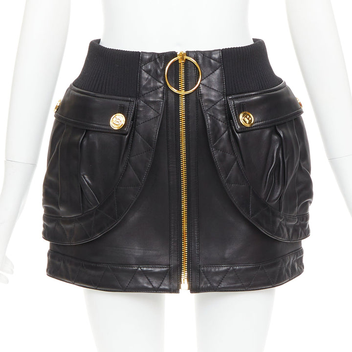 rare BALMAIN black lambskin leather gold B logo button bomber mini skirt FR34 XS