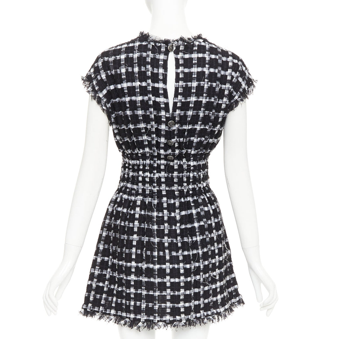 CHANEL 2011 black white checkered frayed tweed buttons ruched mini dress FR36 S