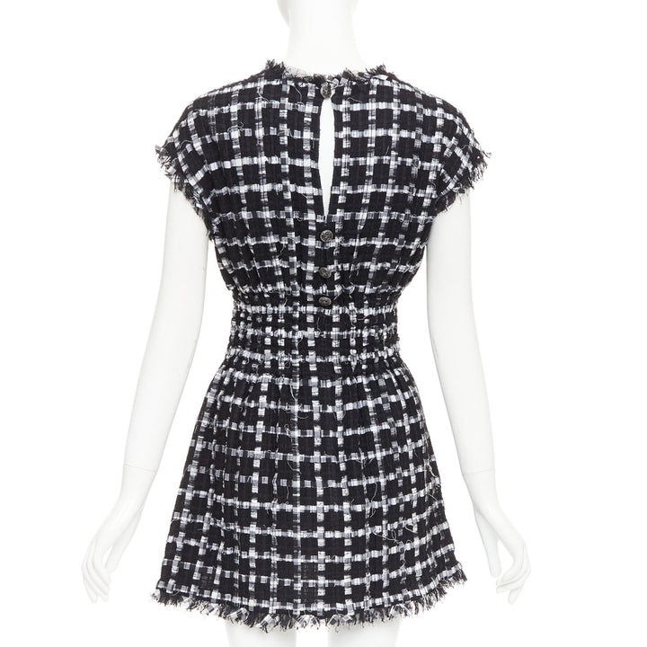 CHANEL 2011 black white checkered frayed tweed buttons ruched mini dress FR36 S